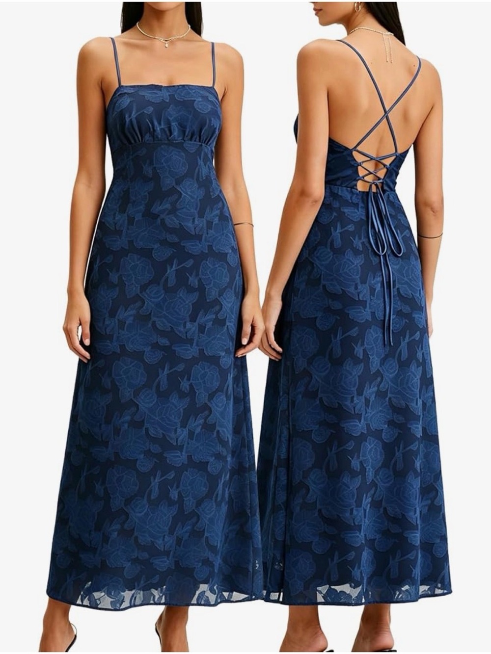 Blue Floral Lace-Up Back Maxi Dress